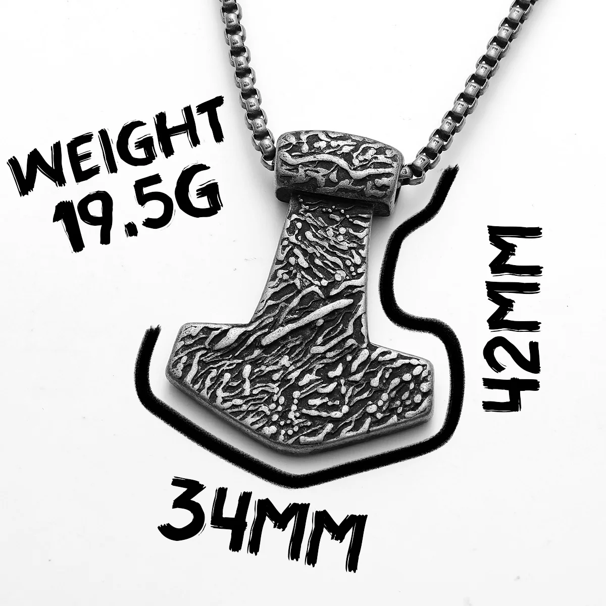 Sculpt Rings™ Textured Stone Thor’s Hammer Pendant – 316L Stainless Steel Viking Mjölnir Necklace