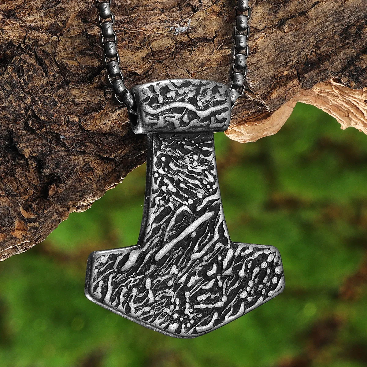 Sculpt Rings™ Textured Stone Thor’s Hammer Pendant – 316L Stainless Steel Viking Mjölnir Necklace