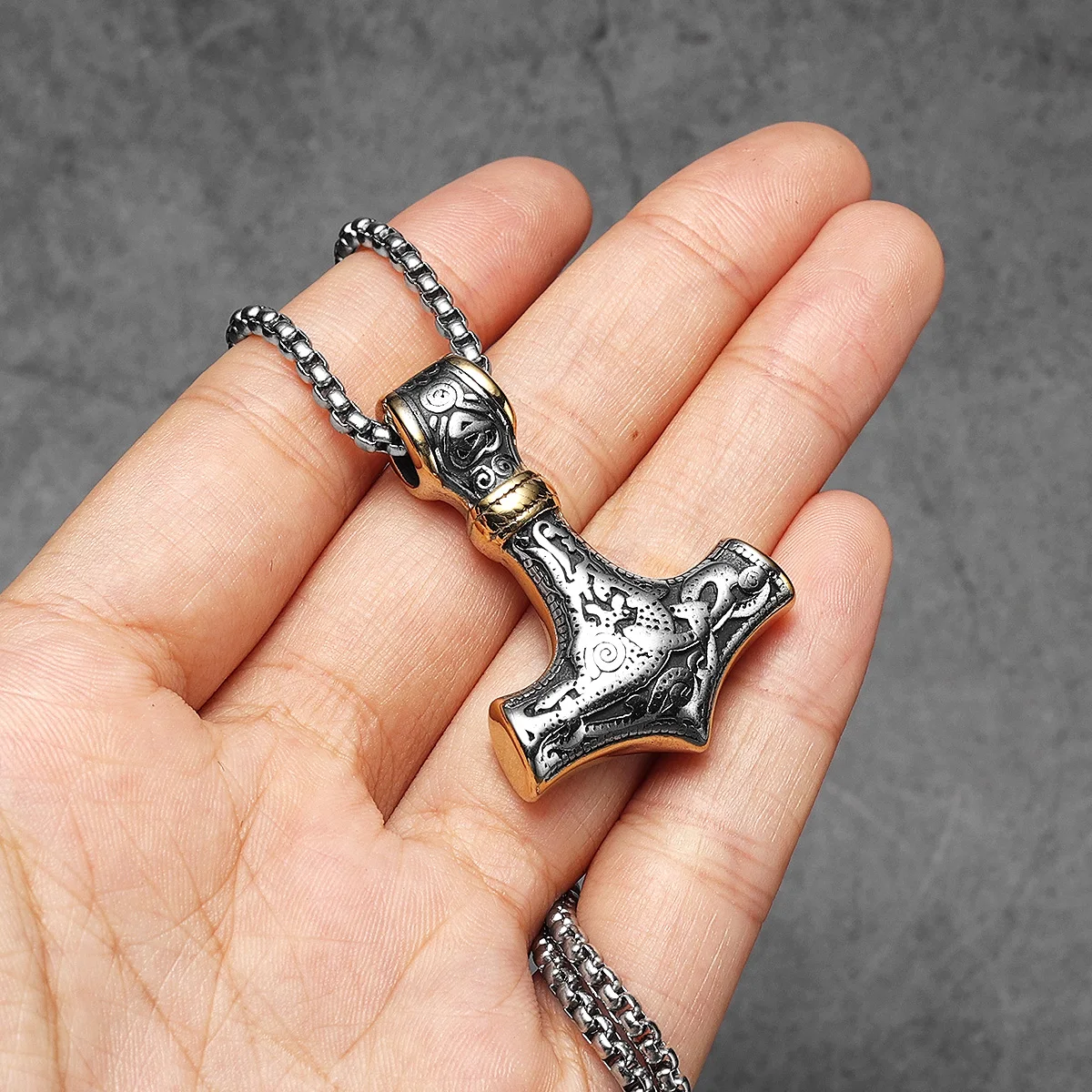 Sculpt Rings™ Viking Thor's Hammer Necklace – 316L Stainless Steel Pendant with Gold Accents