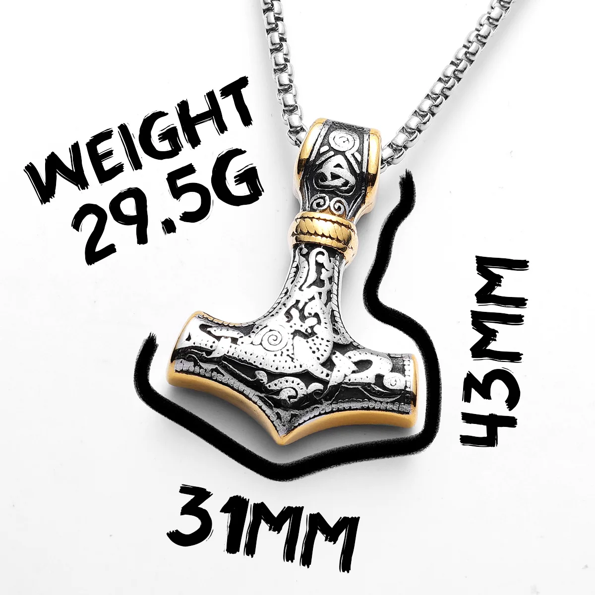 Sculpt Rings™ Viking Thor's Hammer Necklace – 316L Stainless Steel Pendant with Gold Accents