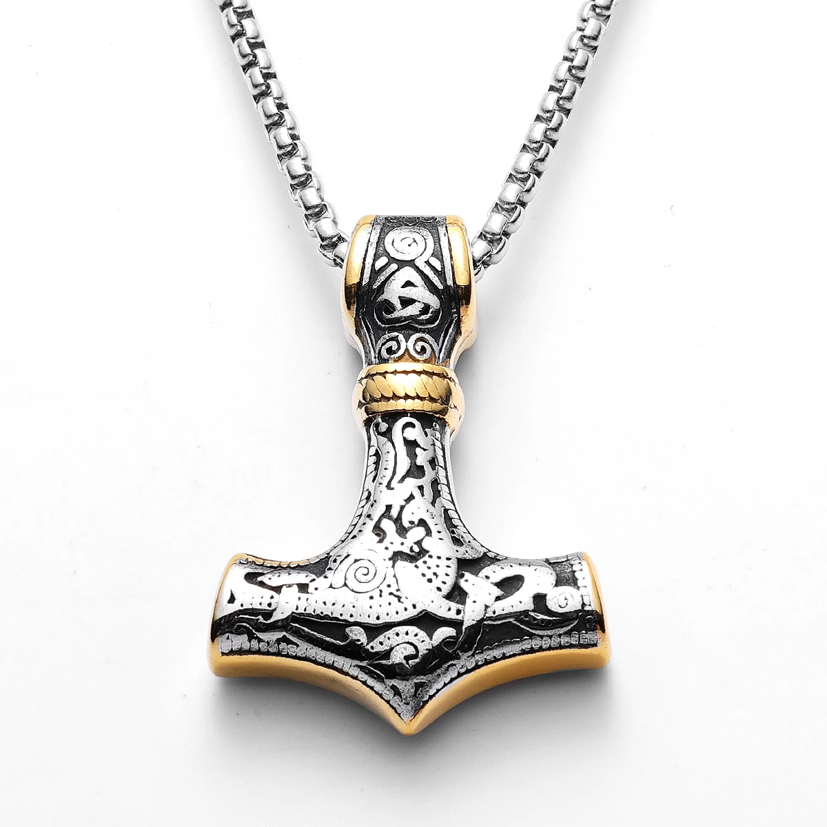 Sculpt Rings™ Viking Thor's Hammer Necklace – 316L Stainless Steel Pendant with Gold Accents