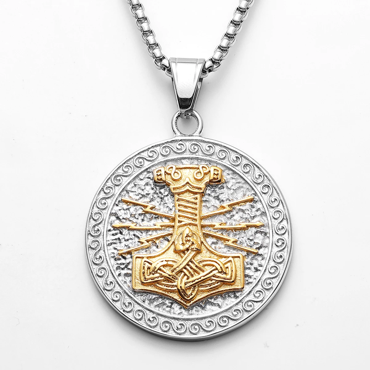 Sculpt Rings™ Gold-Plated Round Thor’s Hammer Pendant – 316L Stainless Steel Viking Necklace