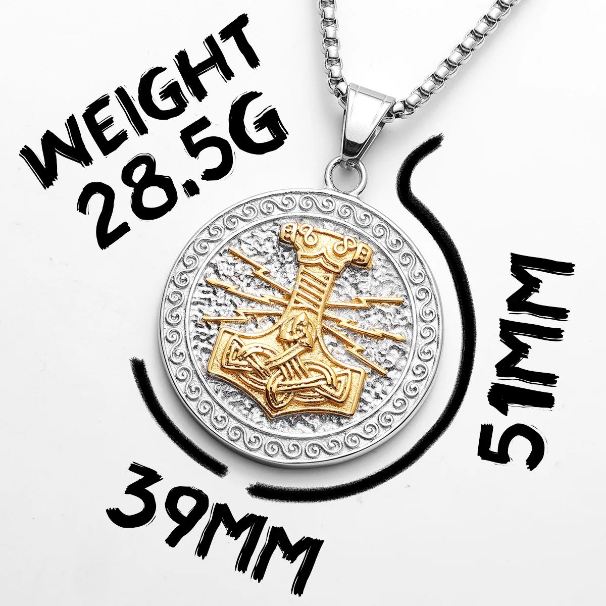 Sculpt Rings™ Gold-Plated Round Thor’s Hammer Pendant – 316L Stainless Steel Viking Necklace