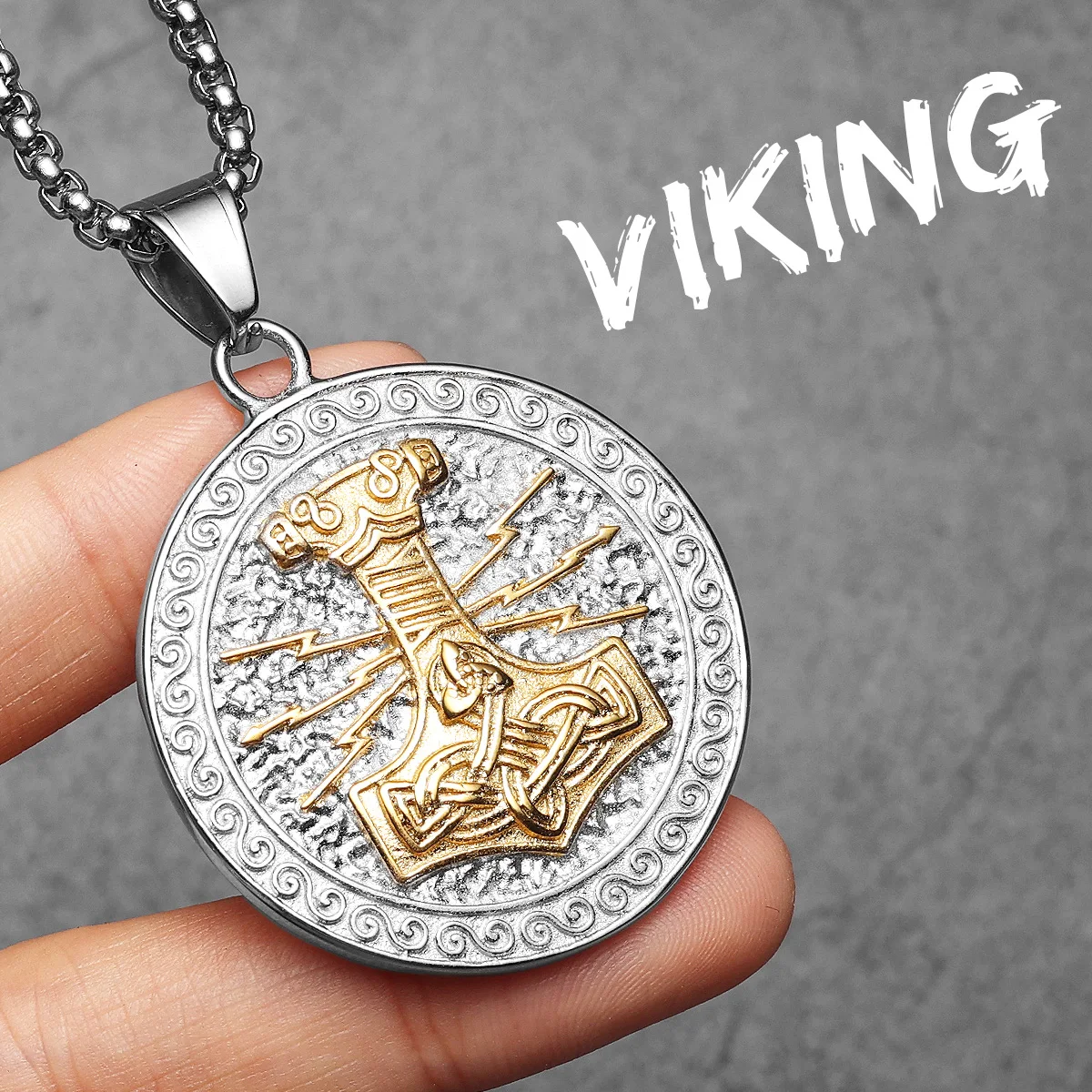 Sculpt Rings™ Gold-Plated Round Thor’s Hammer Pendant – 316L Stainless Steel Viking Necklace