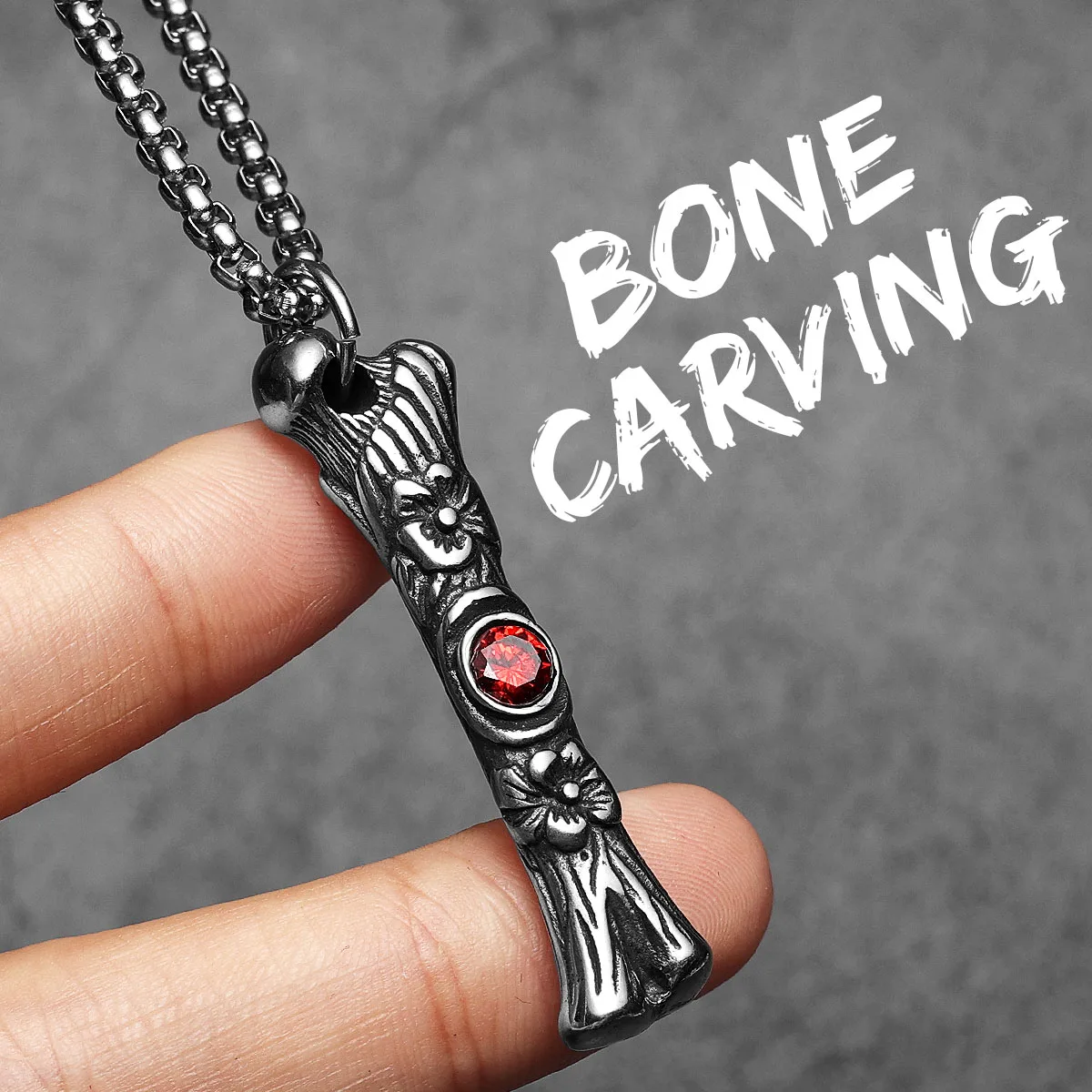 Sculpt Rings™ Bone Carving Pendant | Stainless Steel Gothic Ruby Necklace